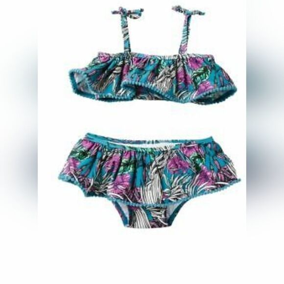 NEW 24 MO JESSICA SIMPSON 2 PIECE tropical pure black green pom swimsuit NWT - Picture 1 of 11